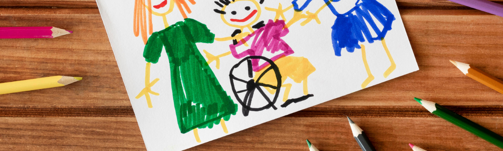 Dibujo silla Dibujo de un niño en silla de ruedas acompañado de dos mujeres